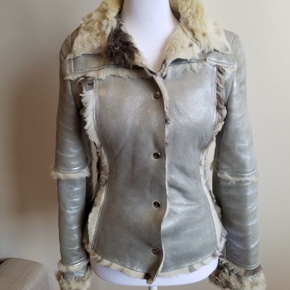 Dolce & Gabbana Italian Silver Leather Coat Jacket Size 24 / 38 - Picture 1 of 16